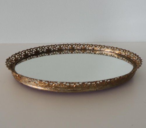 Vintage Filigree Oval Brass Vanity Tray with Mirror