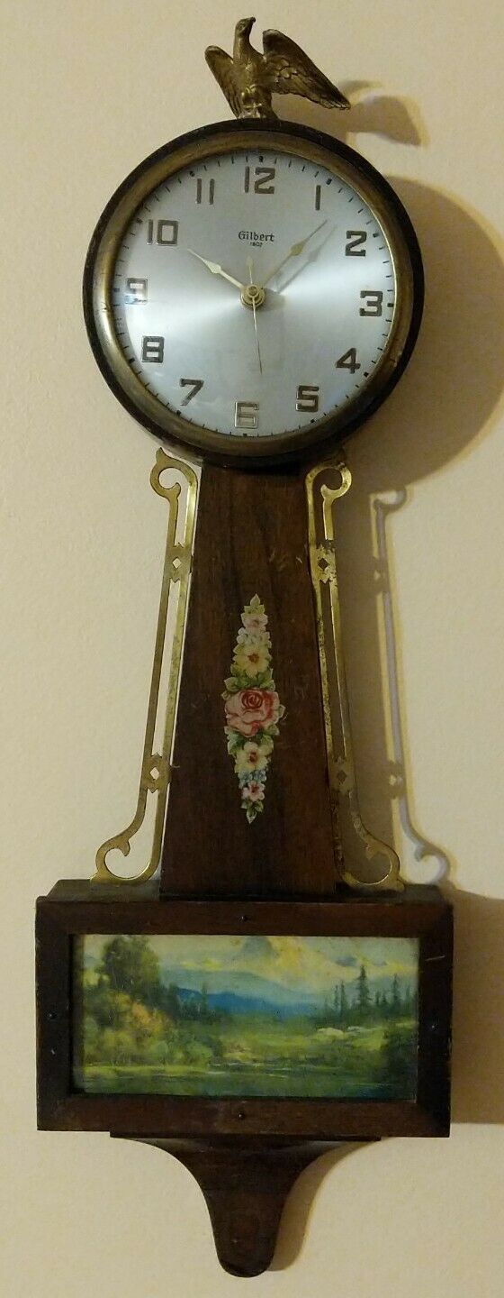 Vintage Gilbert 1807 Banjo Style Clock Painted Meadow Mountain Scene Flowers