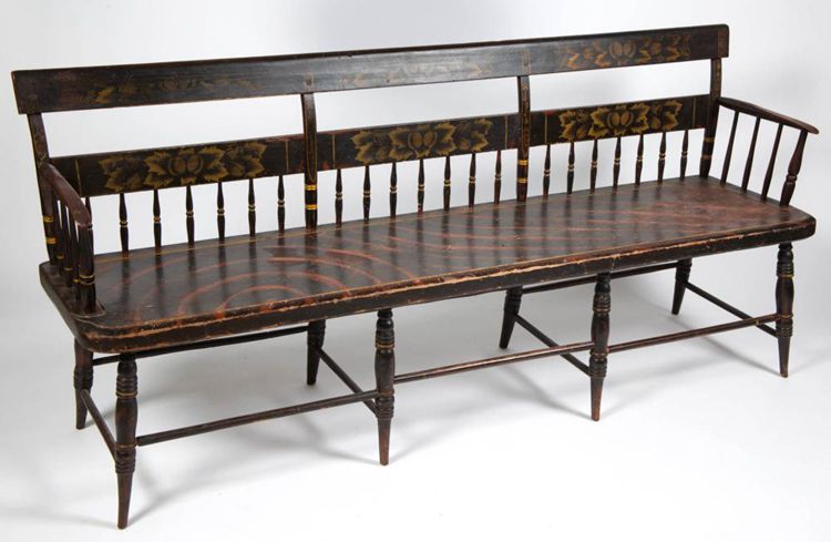 AMERICAN PAINT-DECORATED LATE WINDSOR SETTEE / BENCH