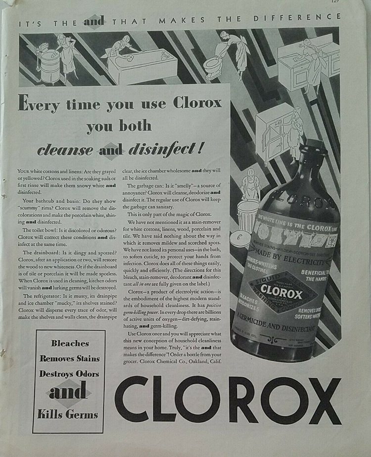 1931 liquid Clorox bleach to cleanse and disinfect brown bottle vintage ad