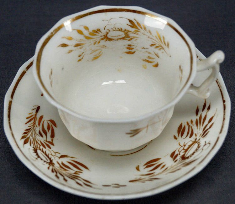 British Gold Gilt Floral Soft Paste Bone China Tea Cup & Saucer Circa 1840 - 50