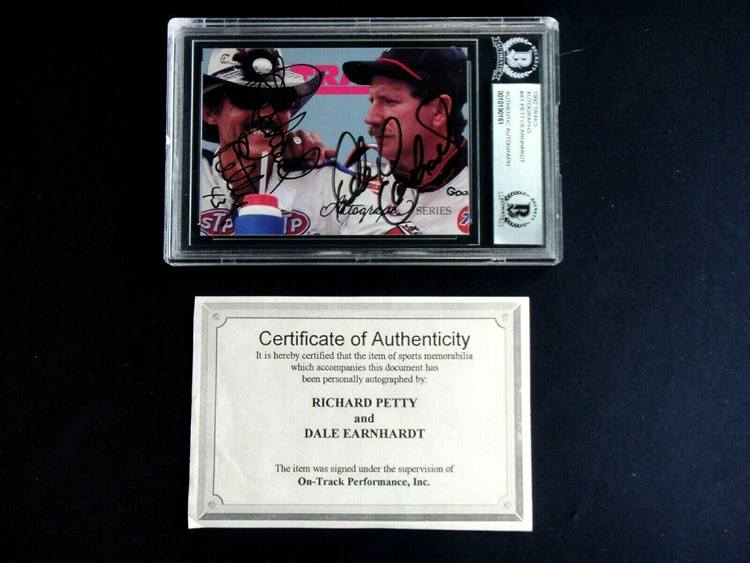 DALE EARNHARDT RICHARD PETTY DUAL SIGNED BECKETT BAS 1992 TRAKS CARD #A1 AUTO