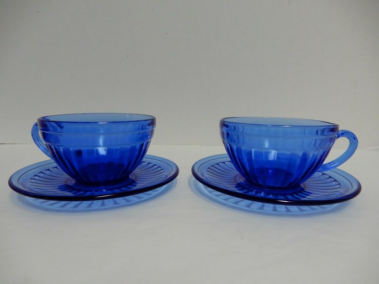 Hazel Atlas Aurora Blue Cobalt Cup & Saucer Set of 2