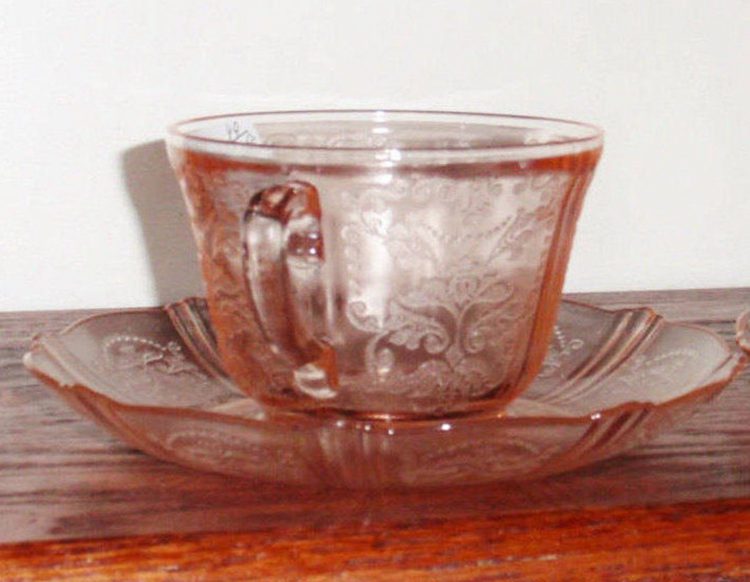 PINK CRYSTAL ETCHED DEPRESSION GLASS CUP AND SAUCER SET