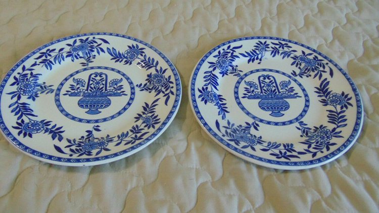TWO STERLING CHINA VITRIFIED BLUE & WHITE 9 LUNCHEON PLATES FLORAL PATTERN
