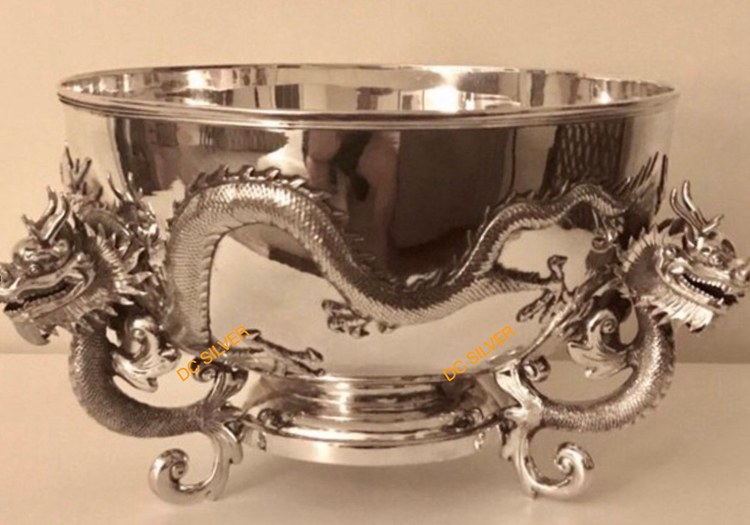 1910-1920 Chinese Silver Dragon Punch Bowl by Wang Hing of Canton