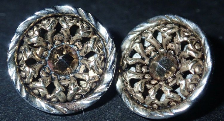 2 Antique Victorian Buttons 14k Gold Filigree w Sterling Silver & Markasite