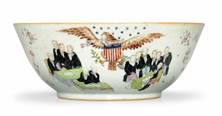 A RARE AMERICAN MARKET 'SURRENDER OF BURGOYNE' FAMILLE ROSE PUNCH BOWL