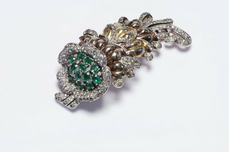 Alfred Philippe Green Crystal Flower Brooch