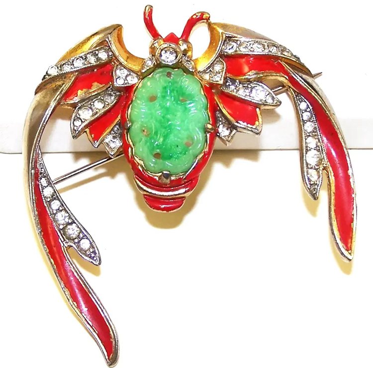 Alfred Philippe Red Enamel and Jade Belly Ming Bat Pin