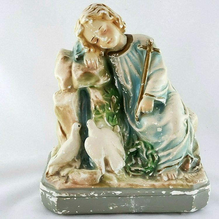 Antique 1920s Chalkware Plaster Christ Child With Doves Crown Of Thorns 8