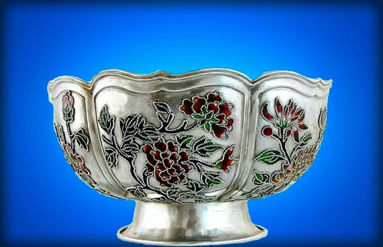 Antique Chinese Export Silver and Enamel Chrysanthemum Bowl