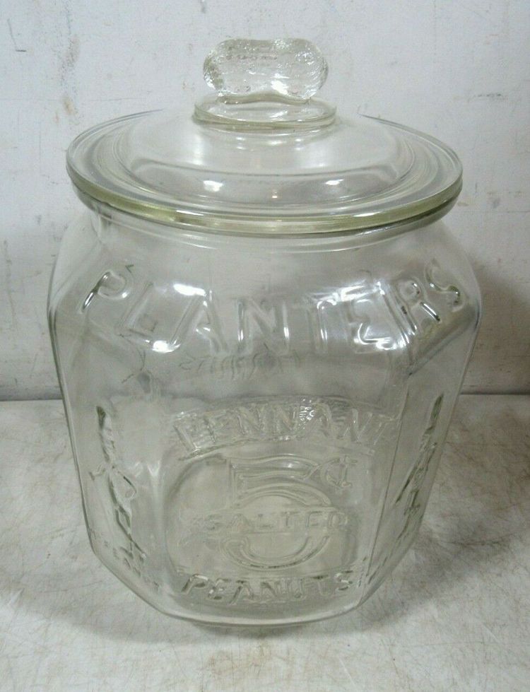 Antique Planters Peanuts Pennant 5 Cents Mr Peanut Glass Jar