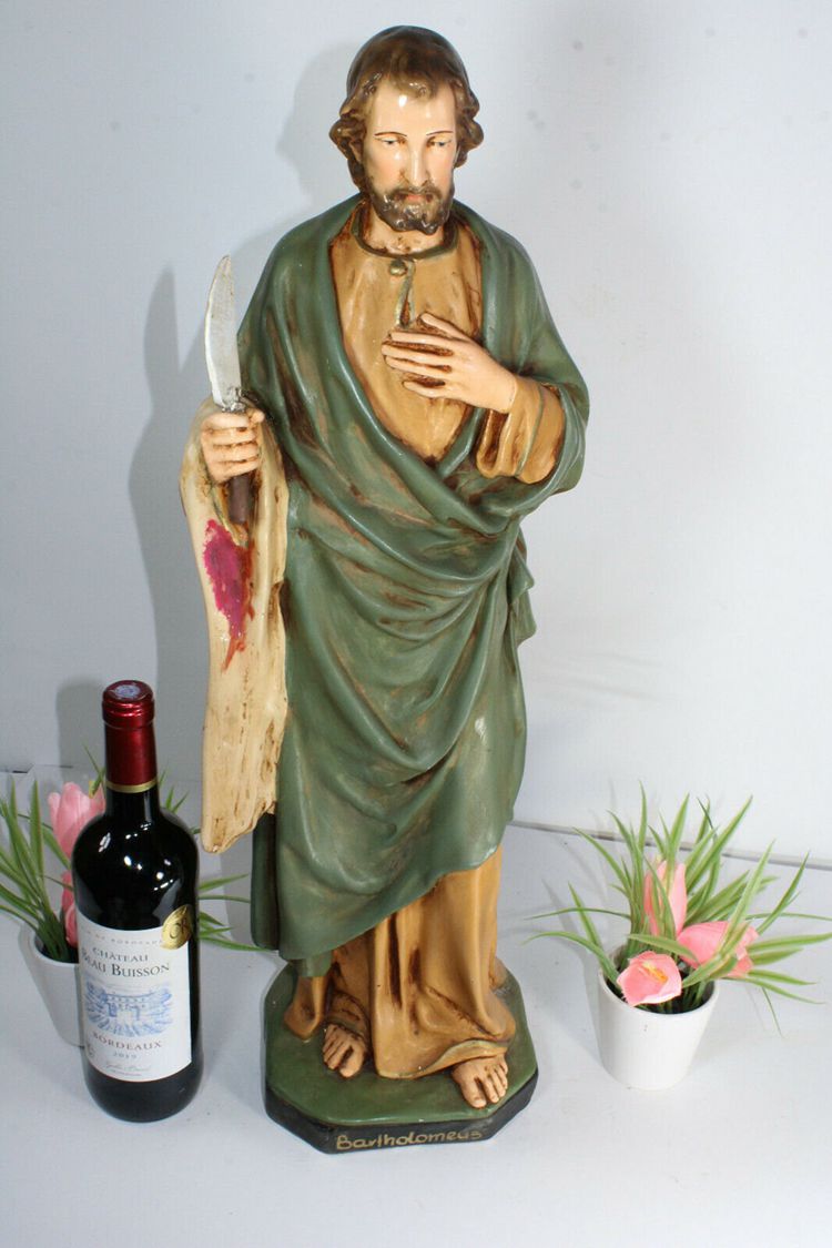 Antique french xl rare chalkware statue saint bartholomew religious church