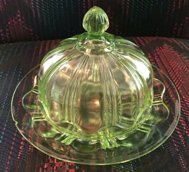 Green Depression Glass Covered Butter Dish Colonial Anchor Hocking as is Vintage