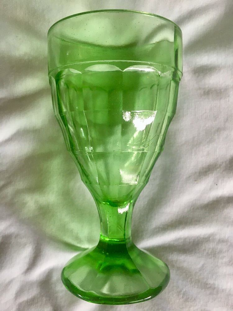 Hazel Atlas Uranium Depression Glass Footed Tumbler 'Colonial Block' GLOWS Green