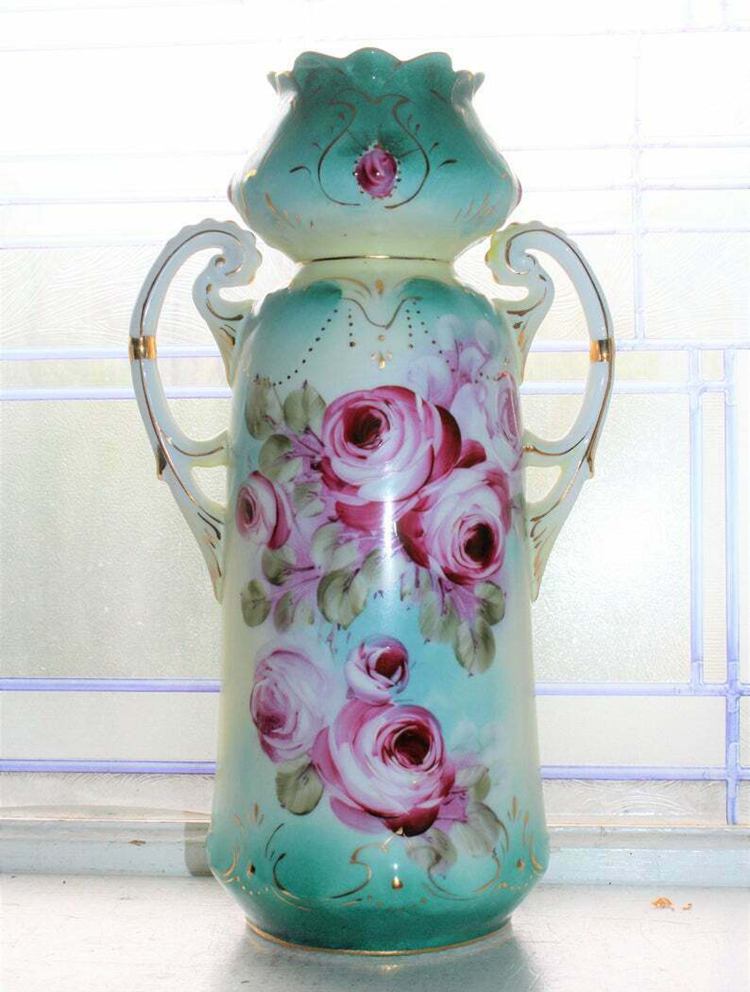Large Antique Hand Painted Nippon Handled Vase with Roses 1800s