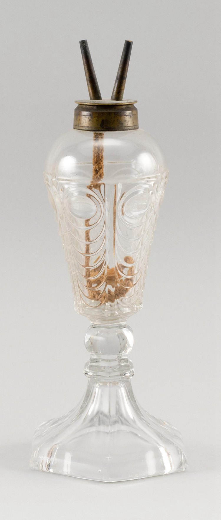 SANDWICH CLEAR GLASS WHALE OIL LAMP In Peacock pattern