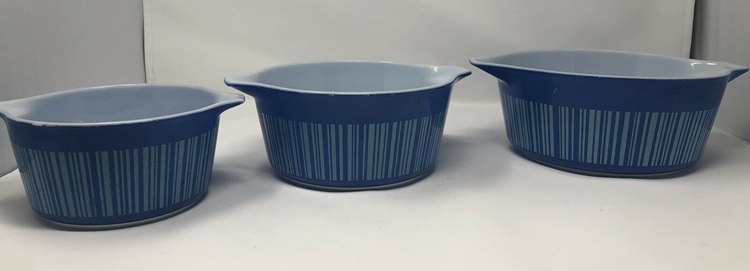 SET OF 3 VINTAGE PYREX BARCODE PATTERN CINDERELLA BOWLS