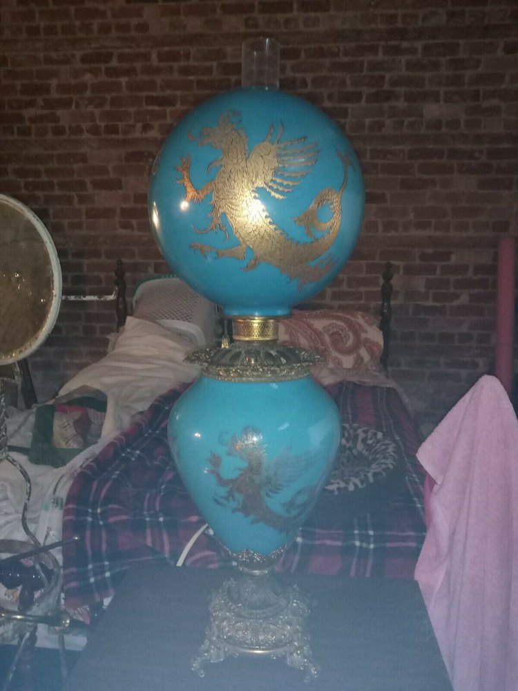 Stunning Antique Blue Dragon Huge Gone With Wind Oil Lamp C1860