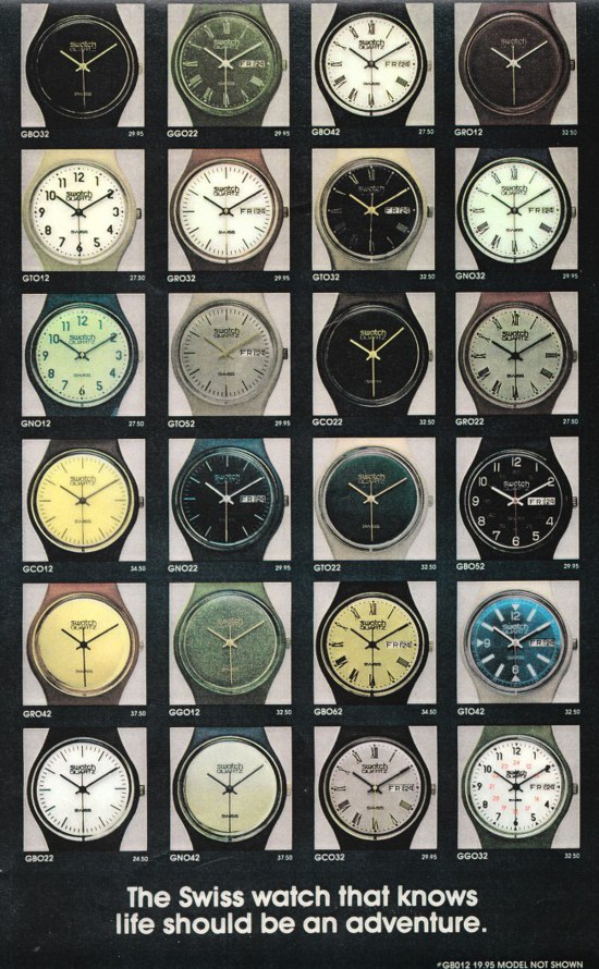 Swatch watches, first series released in USA (25 models - in the advertisement GB012 model is not shown - March 1983)