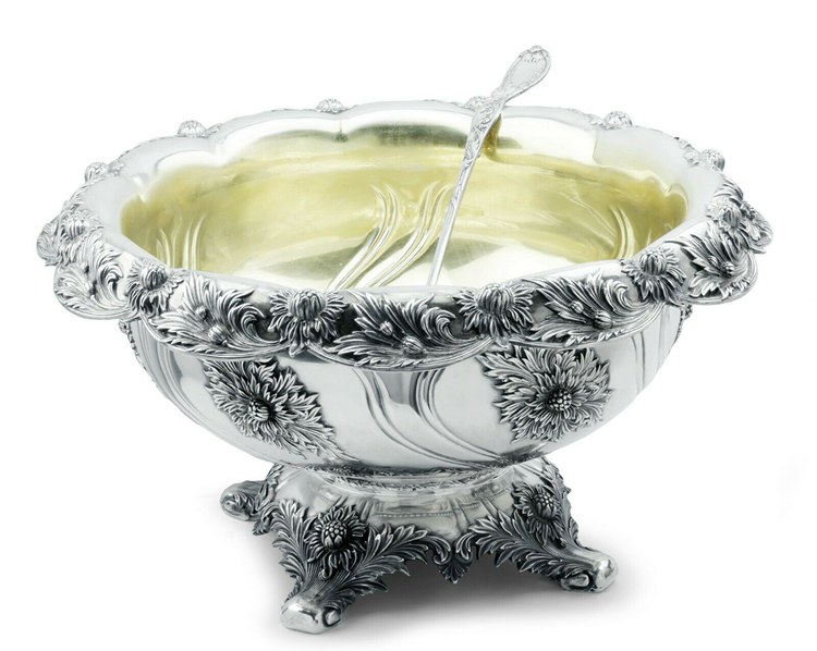 Tiffany & Co Chrysanthemum Sterling Punch Bowl & Ladle 1895