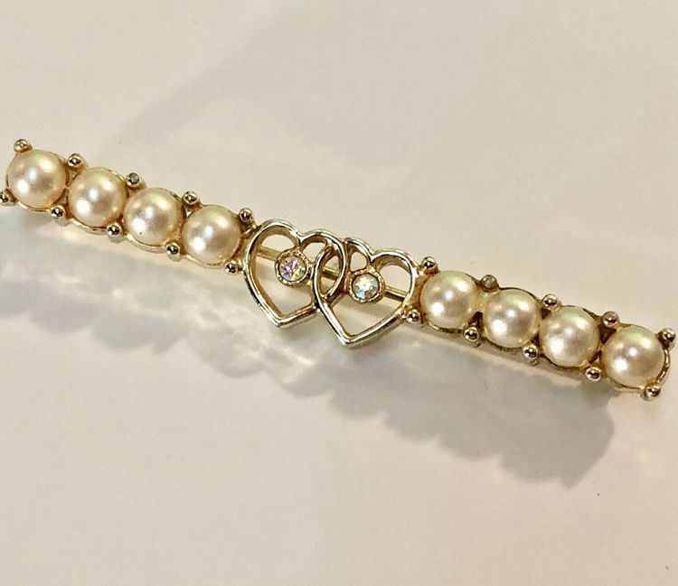 VTG 60s SARAH COVENTRY Bar Brooch Pin Waltz Time Fx Pearls Hearts AB Rhinestones