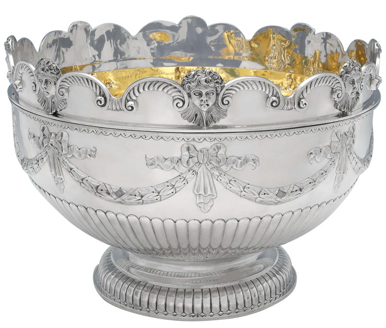 Very Large & Heavy Antique Silver Monteith Bowl with Removable Rim, London, 1880