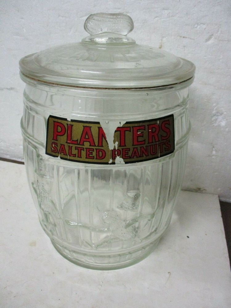 Vintage 1930's Planters running Mr. Peanut Barrel Embossed Jar