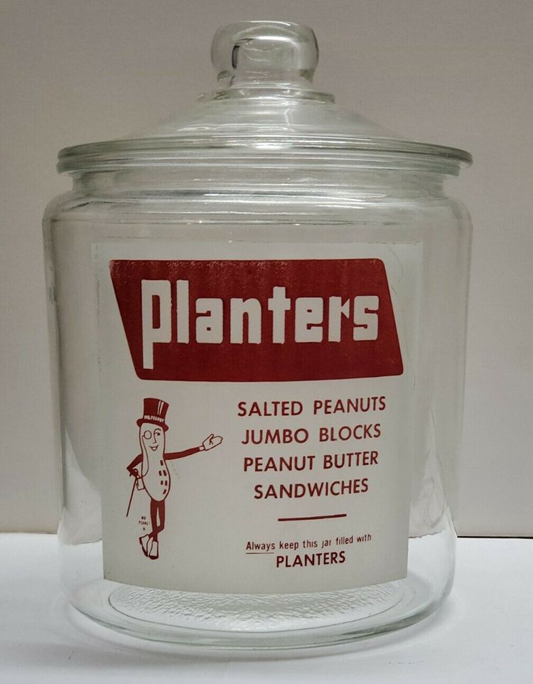 Vintage 1950's Planters Salted Mr Peanuts Counter Apothecary Jar w Lid