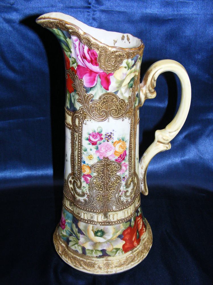 Vintage Nippon 14 Ewer Vase Floral Design Gold Beading Mark