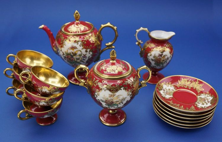 Antique Noritake Hand Painted Red and Gold Pedestal Tea Set