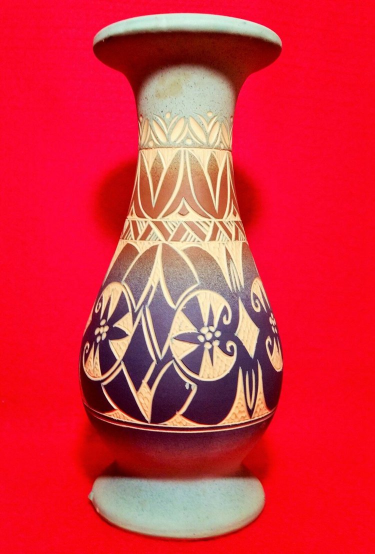 BRUSH McCoy art pottery vase vtg blue pastel cut incised antique floral design