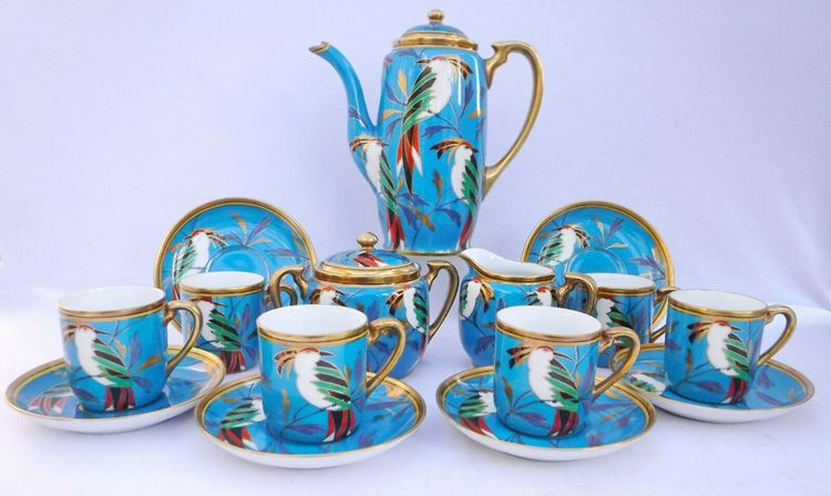 Noritake Art Deco Tropical Bird Enamel Coffee Set