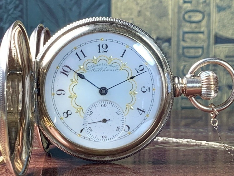 14K Solid Gold Waltham Antique Hunter Case Pocket Watch Gold Gilt Dial 14K Chain