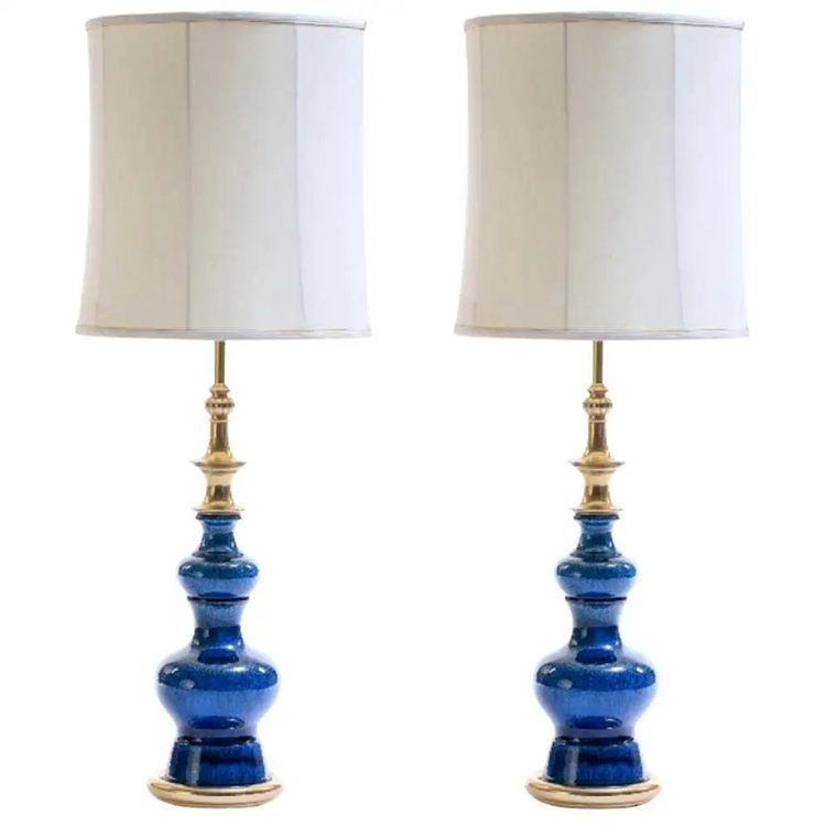 Blue Ceramic and Brass Asian Modern Style Stiffel Lamp Set