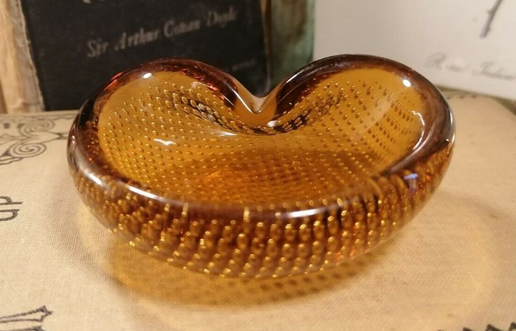 Fab Vintage Carl Erickson Art Glass Amber Controlled Bubble Ashtray Dish or Bowl