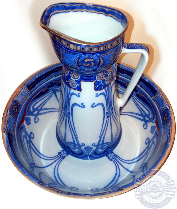 1. Art Nouveau Flow Blue Aubrey Royal Doulton Pitcher and Bowl Set