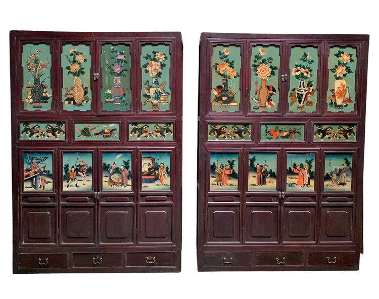 Pair of Antique Chinese Cabinets with Reverse Painted Glass Panels