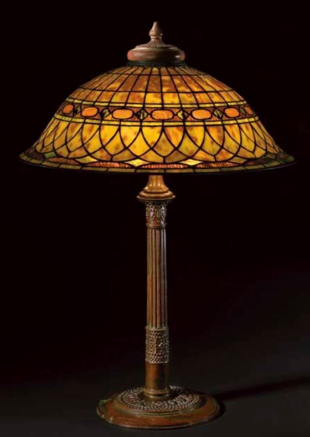 10.TIFFANY STUDIOS 'Greek'Leaded Dichroic Glass and Bronze Table Lamp
