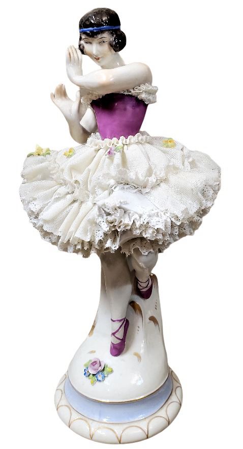 10. Antique German Dresden Lace Porcelain Ballerina Large Figurine