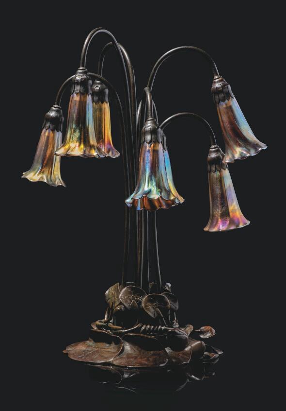 12.A SECOND-LIGHT 'LILY' FAVRILE GLASS AND PATINATED BRONZE TABLE LAMP  TIFFANY STUDIO