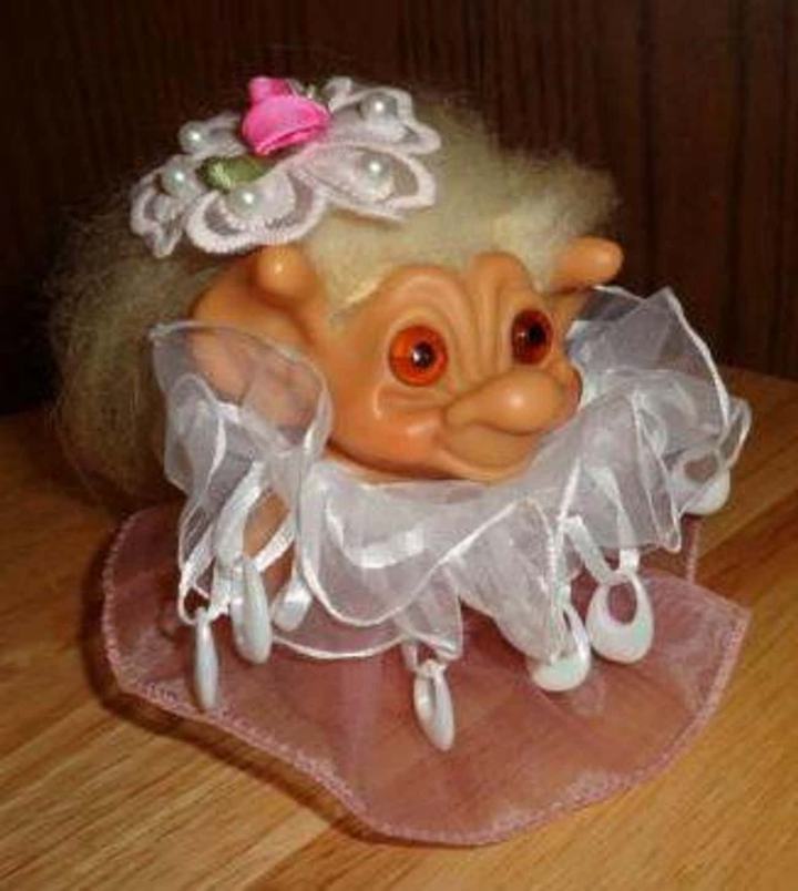 3” Troll With White Hair, Dress and a Hat