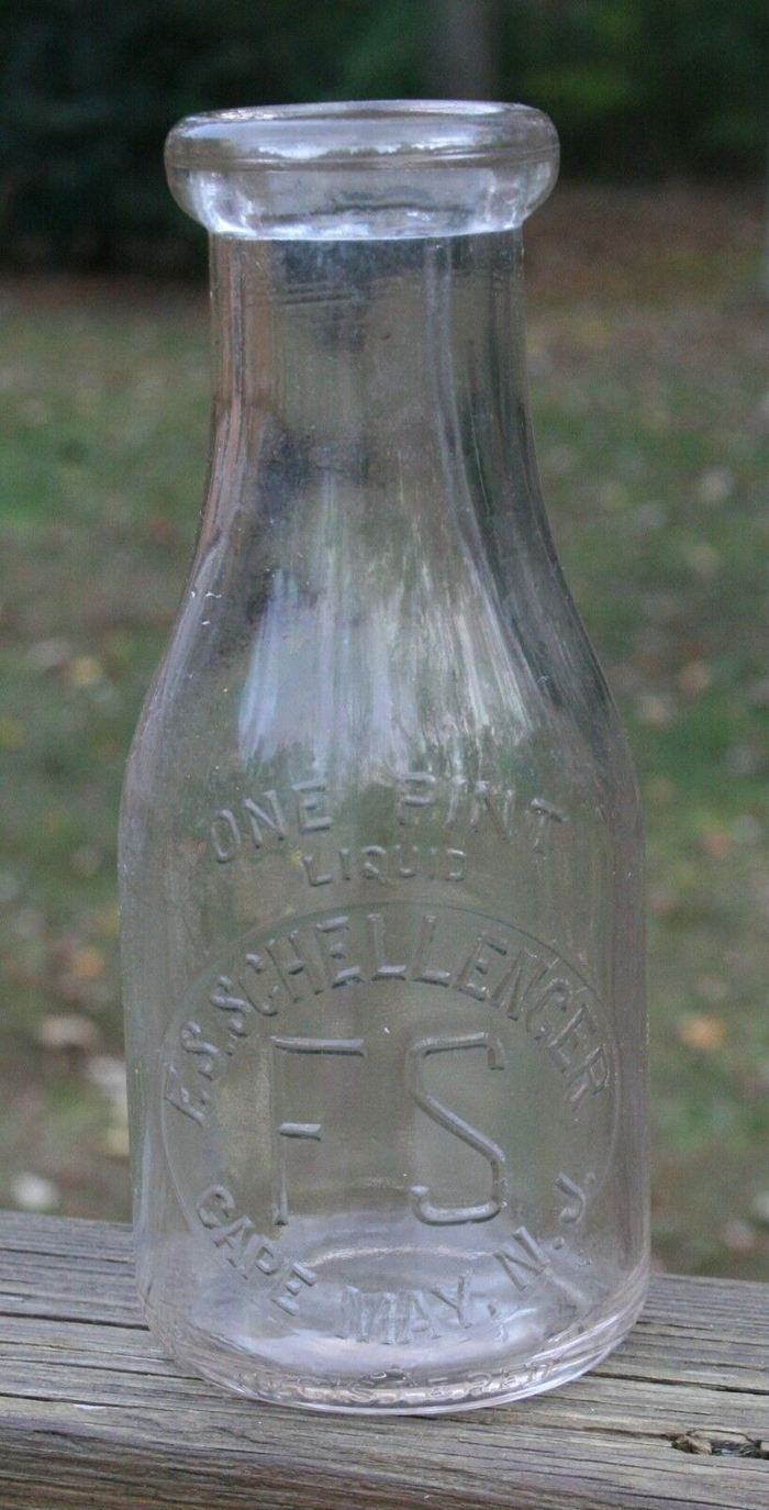 4. 1920s Milk Bottle Vintage Embossed PINT Cape May NJ, FS Schellenger Dairy RARE