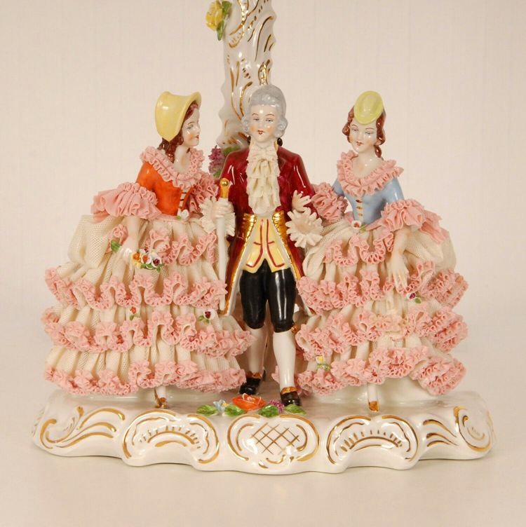 9. Antique German Dresden porcelain lace figurine lamp Volkstedt Saxe figures