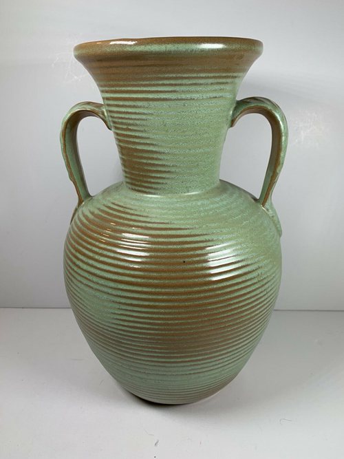 Mid-Century Green Ribbed Design Leaf Handle Urn Vase Price