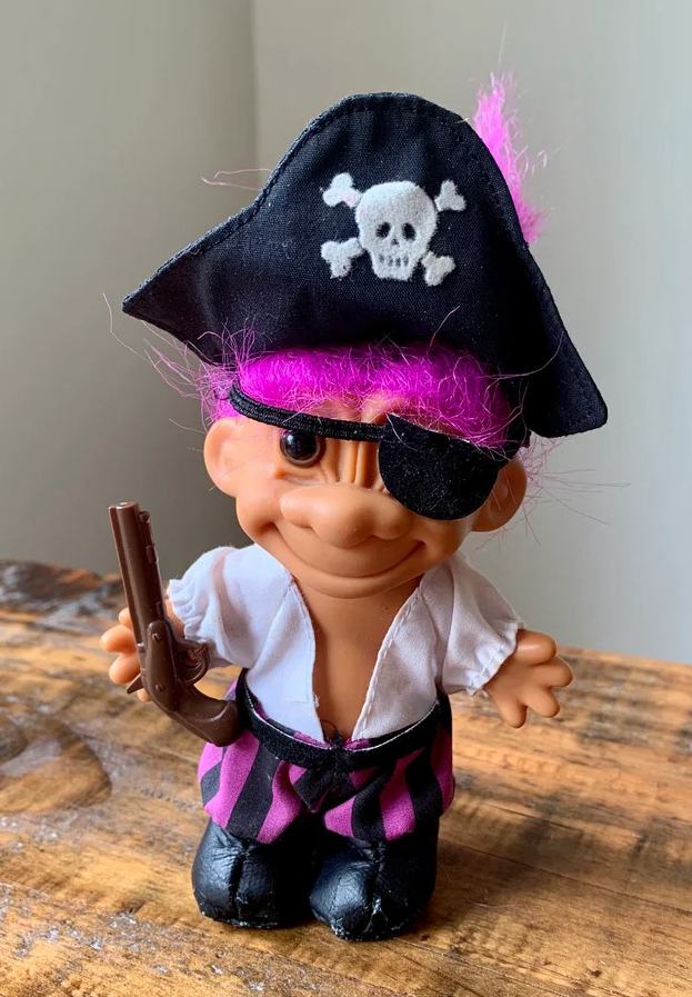 Pirate Troll Doll With an Eyepatch, Hat, and a Gun
