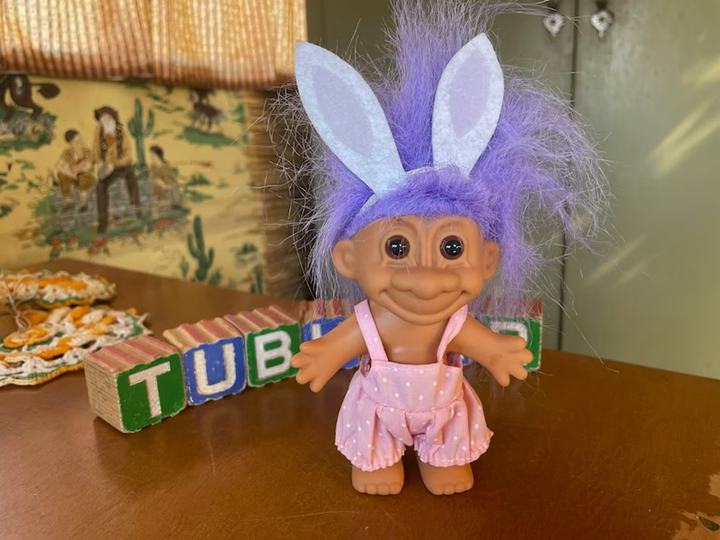 Vintage 90s Troll Purple Hair Bunny in Pink Polka-dot Jumpsuit