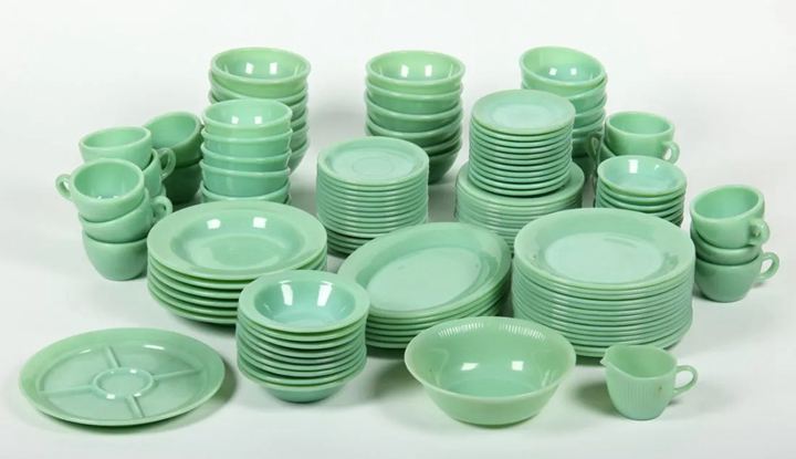 My jadeite glass collection. @robinbudd.  Vintage cookware, Glass  collection, Fire king dishes