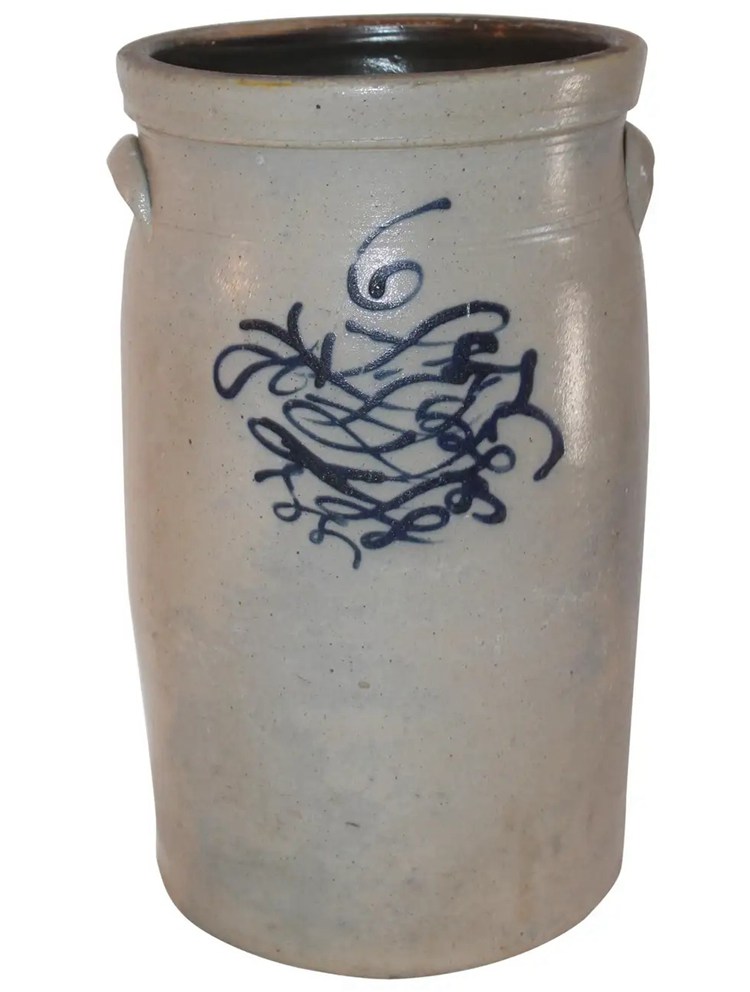 19th Century Butter Churn Crock With Blue Decoration